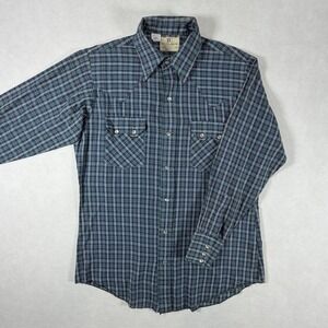 Vintage Dee Cee Mens 15.5 Sawtooth Western Pearl Snap Shirt Blue Plaid USA Made